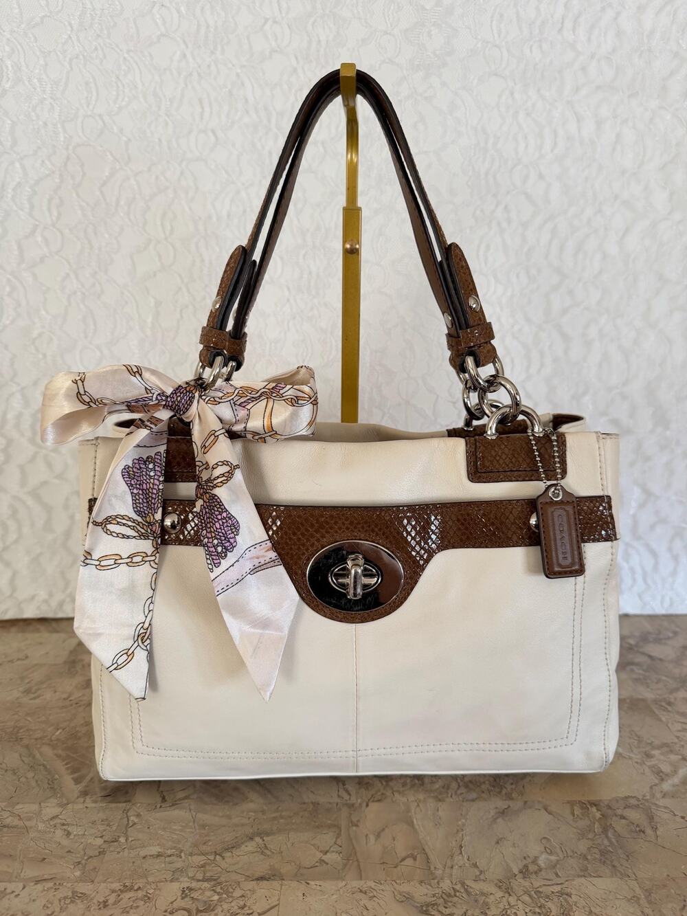 Vtg COACH Penelope white/brown exotic/soft leather Satchel Bag carryall F16531